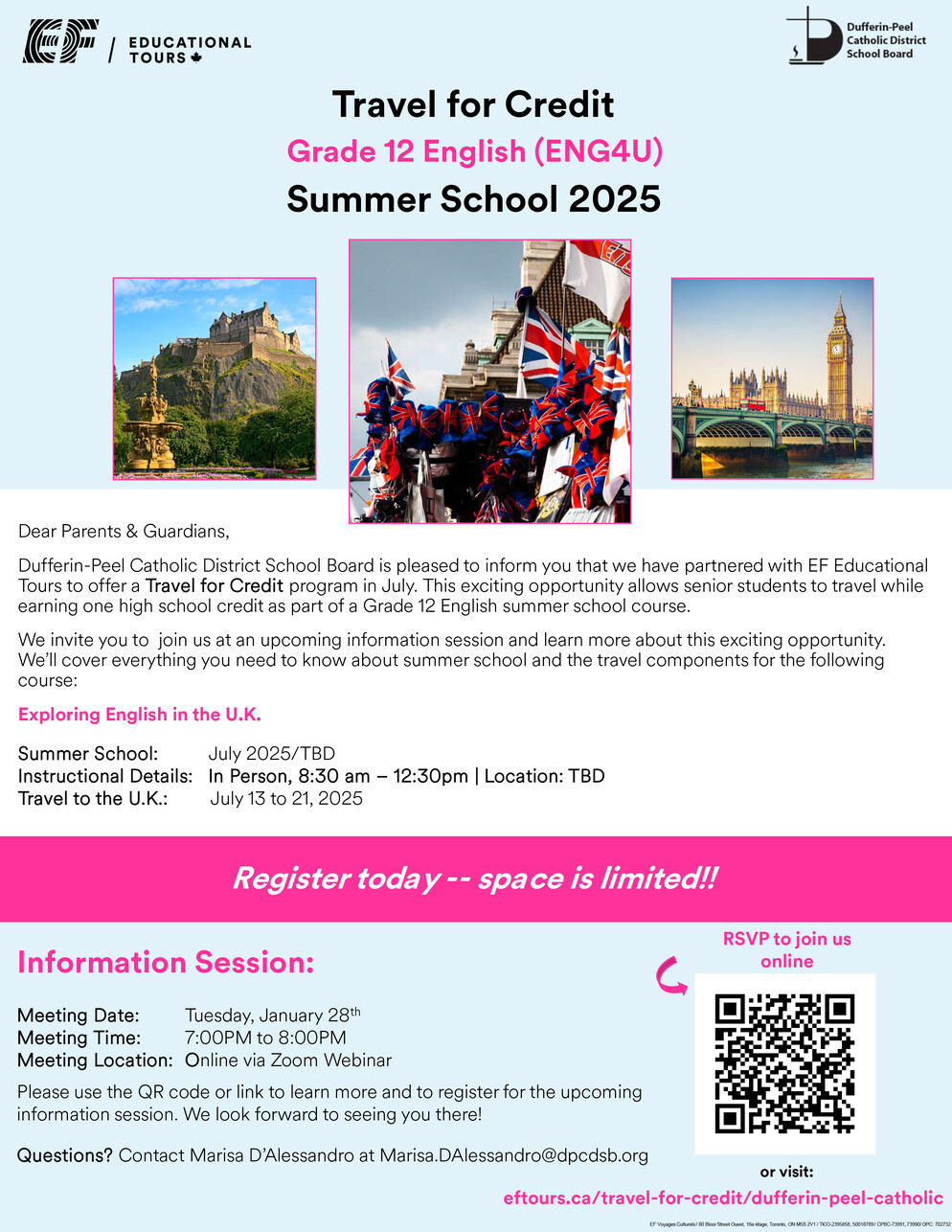 2025 - DPCDSB English in the UK - Info Session Flyer